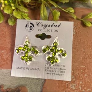 Fashion Green Rhinestone Mardi Gras Fleur Di Lis Stud Earrings Post Back…